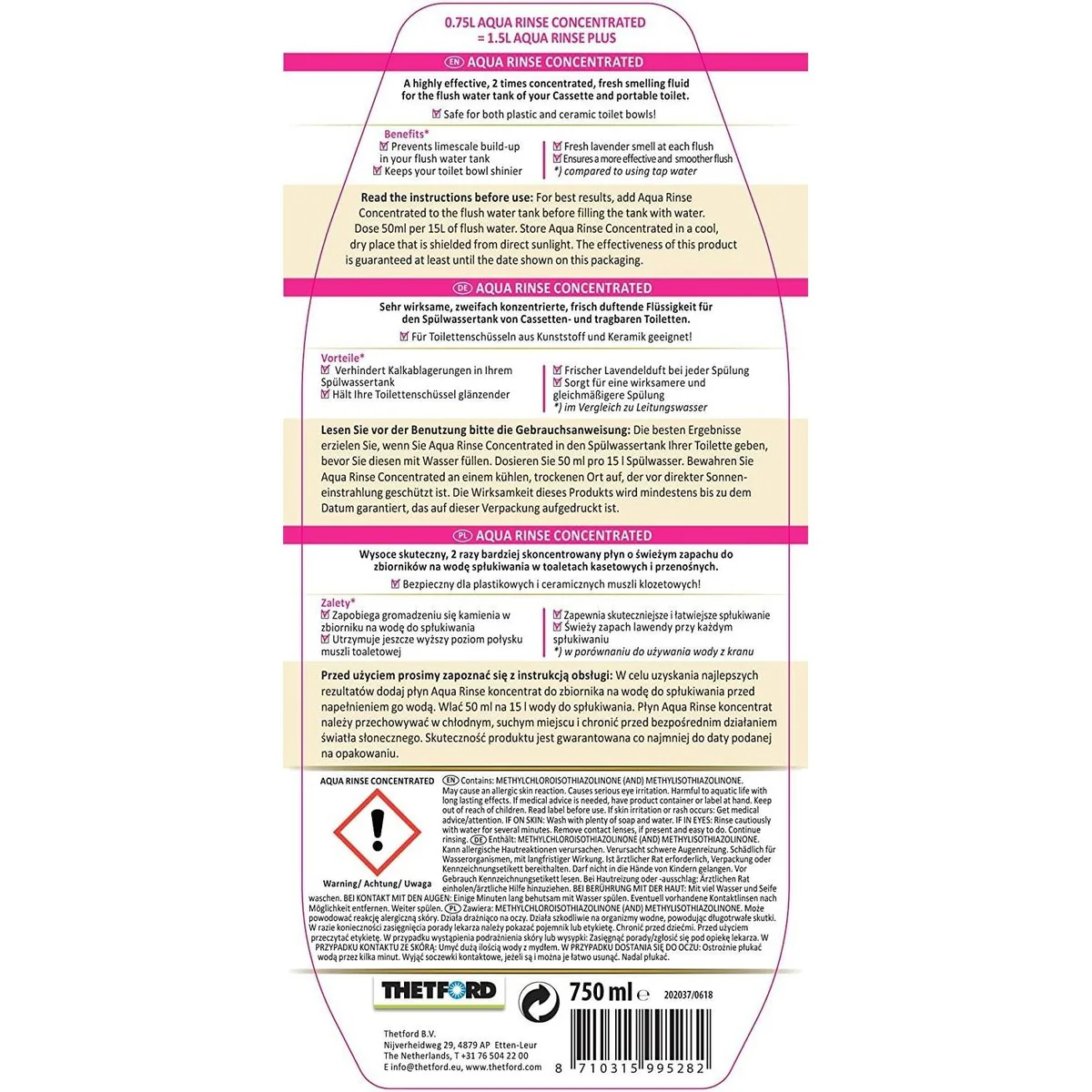Thetford Aqua Rinse Plus Concentrate Pink Toilet Chemical Fluid for Caravan or Motorhome - Image 2