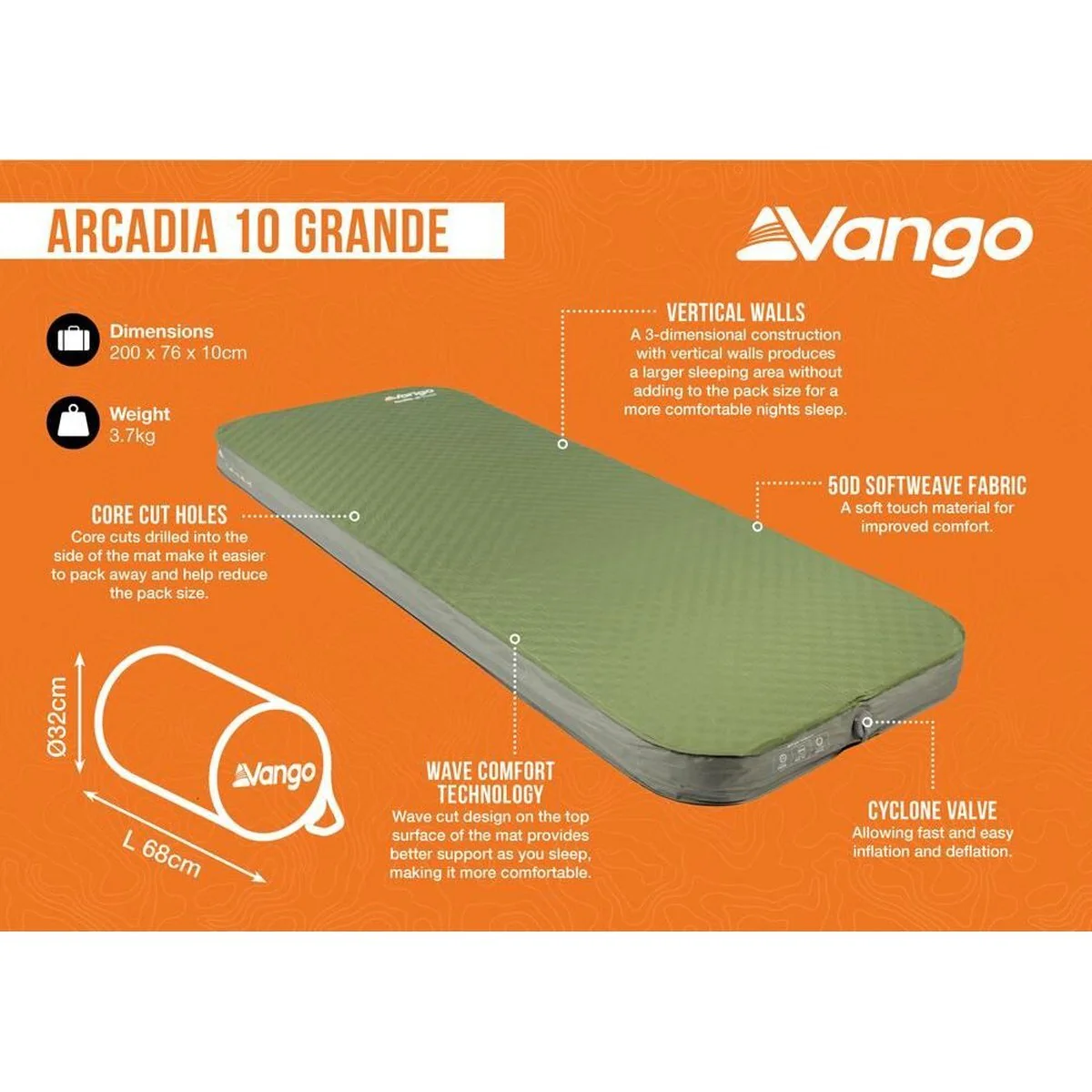 Vango Arcadia 10 Grande Self inflating Sleep Mat Grande Olive - Image 2