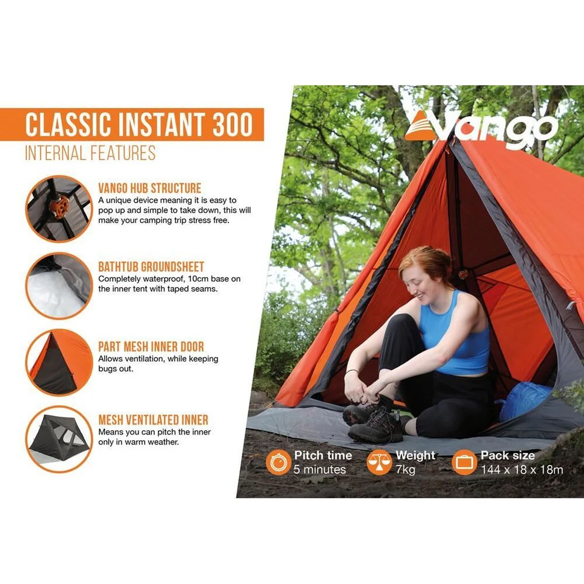 Vango Classic Instant 300 Orange 3 Person Poled Tent - Image 5
