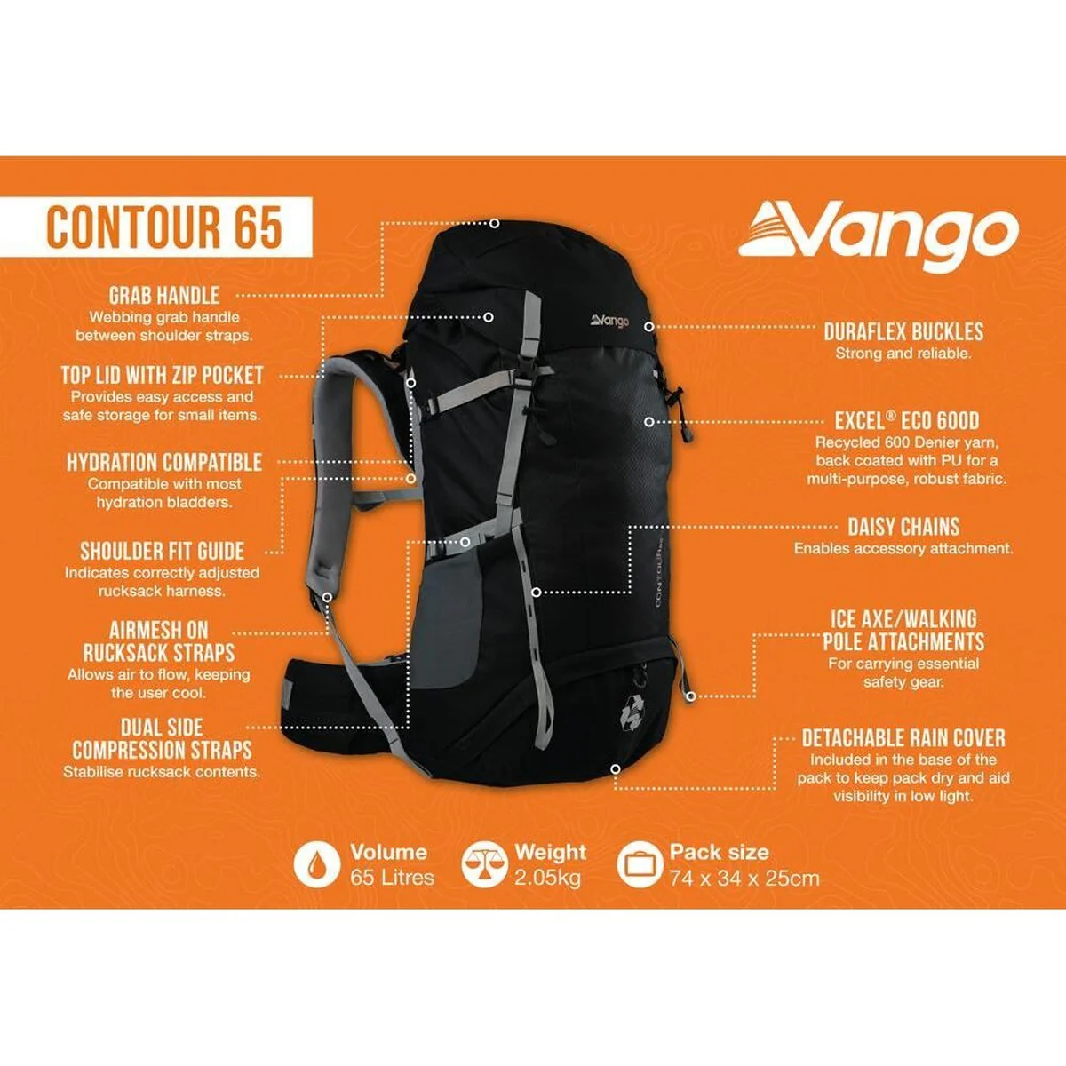 Vango Contour 65 Black Rucksack Backpack - Image 2