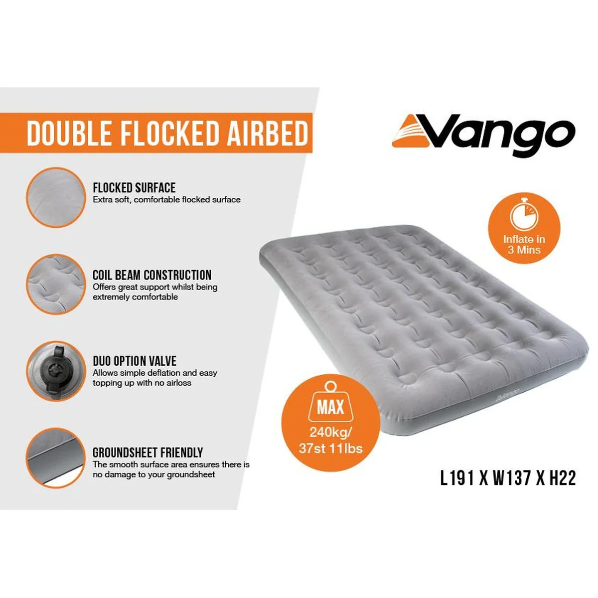 Vango Double Flocked Airbed Dark Grey - Image 2