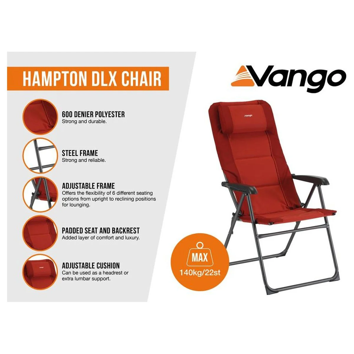 Vango Hampton DLX Lightweight Folding 7 Position Recline Camping Chair - Image 6