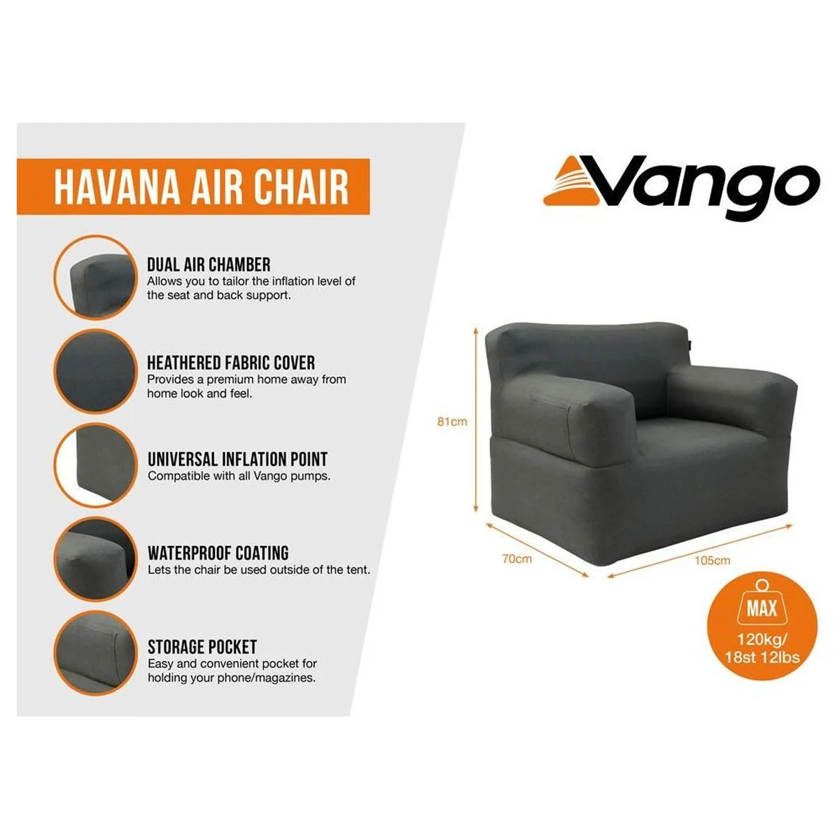 Vango Havana Air Inflatable Grey Chair - Image 2