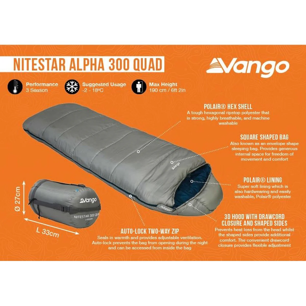 Vango Nitestar Alpha 300 Quad Sleeping Bag Square 3 Season Camping - Image 3
