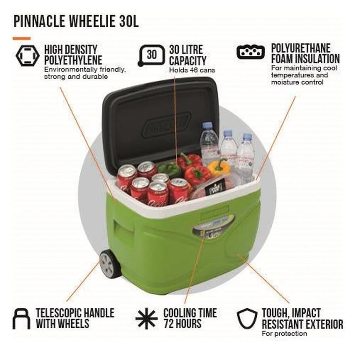 Vango Pinnacle Wheelie 30L 72H Cool Box Green Picnic Camping Food Drink Cooler - Image 10