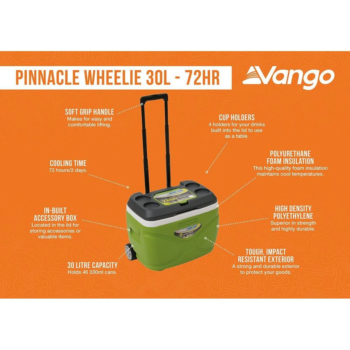 Vango Pinnacle Wheelie 30L 72H Cool Box Green Picnic Camping Food Drink Cooler - Image 11